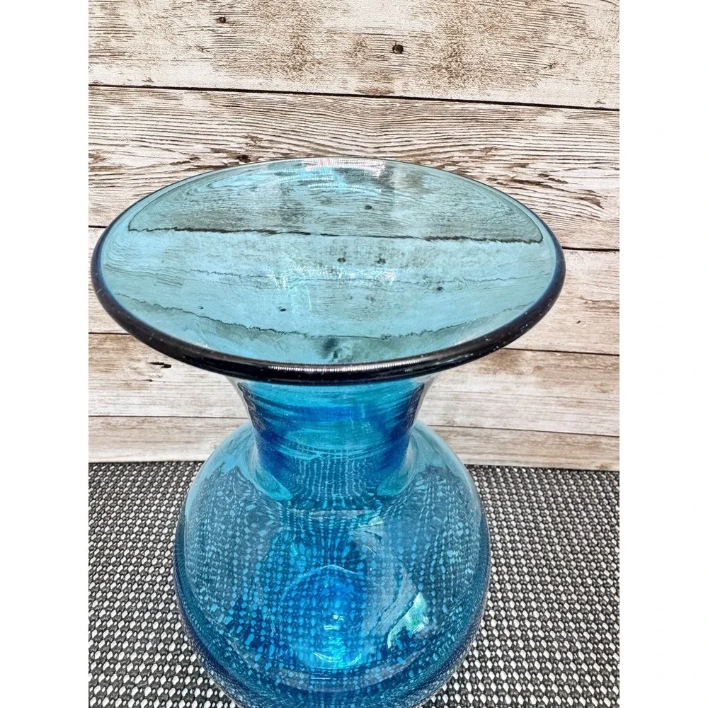 Vintage Blenko Style Blue Dimple Glass Vase Mid Century Hand Blown Pontil 8.25